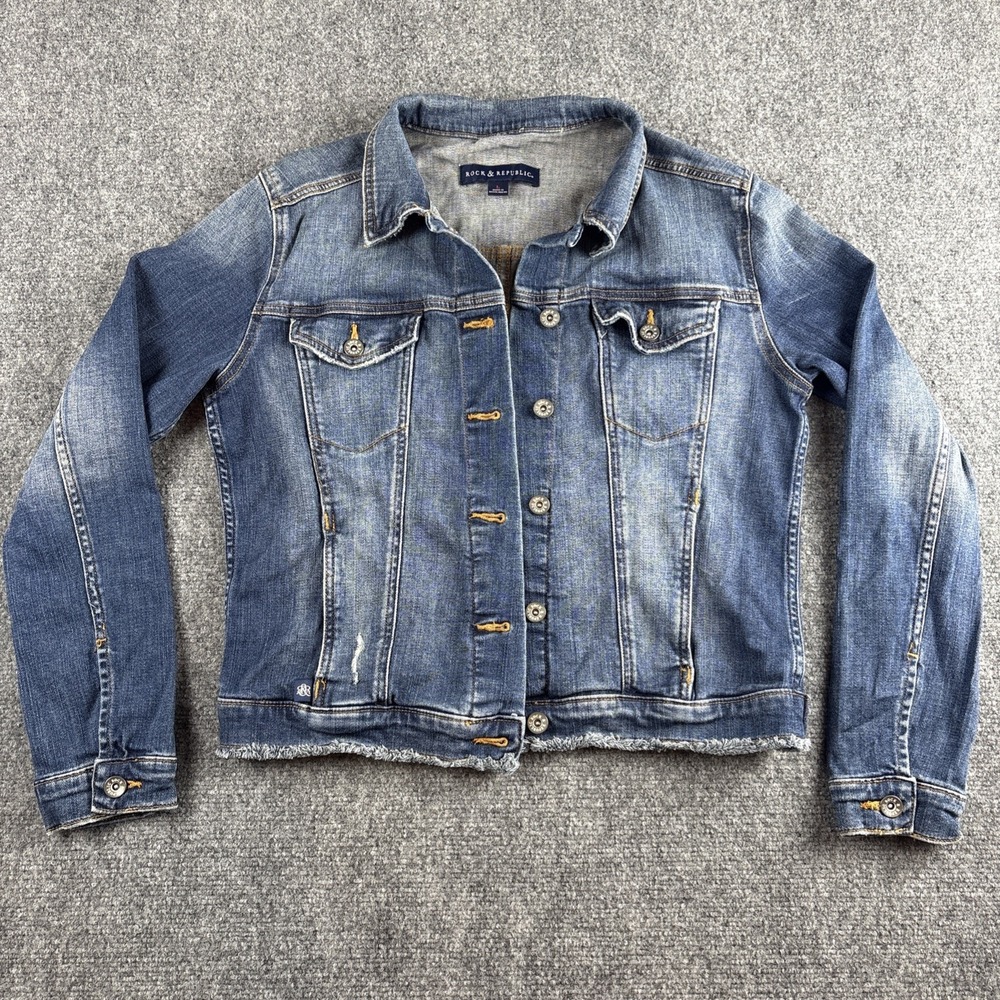 Rock & Republic Run Away Distressed Denim Trucker Jacket Women's Large